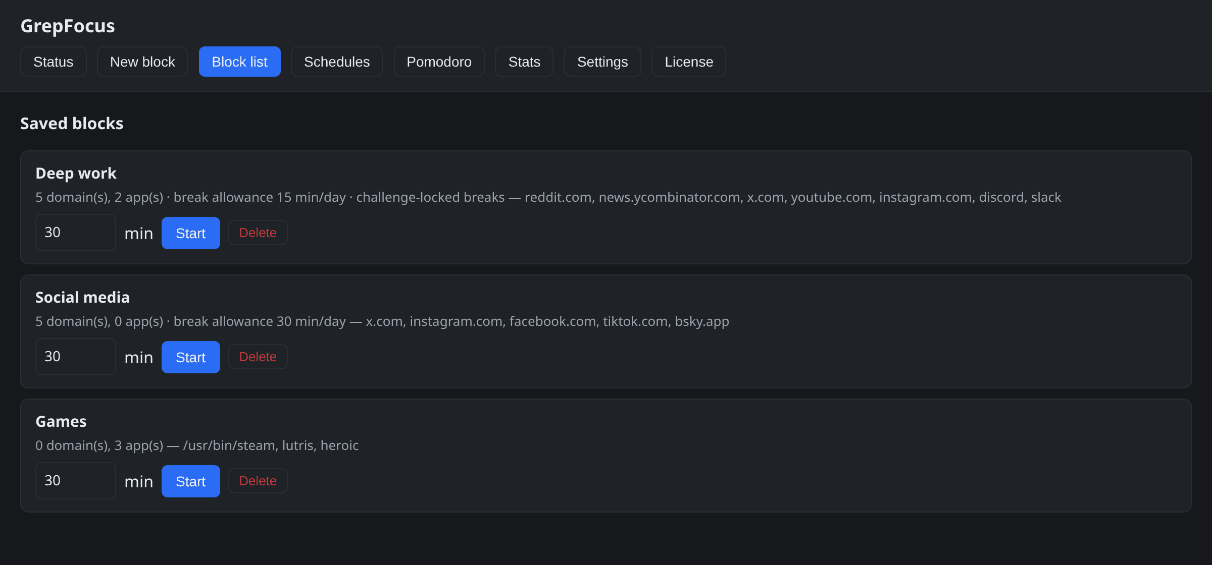 The Blocks screen listing three saved blocks with their domains and apps, per-day break allowances, and lock modes