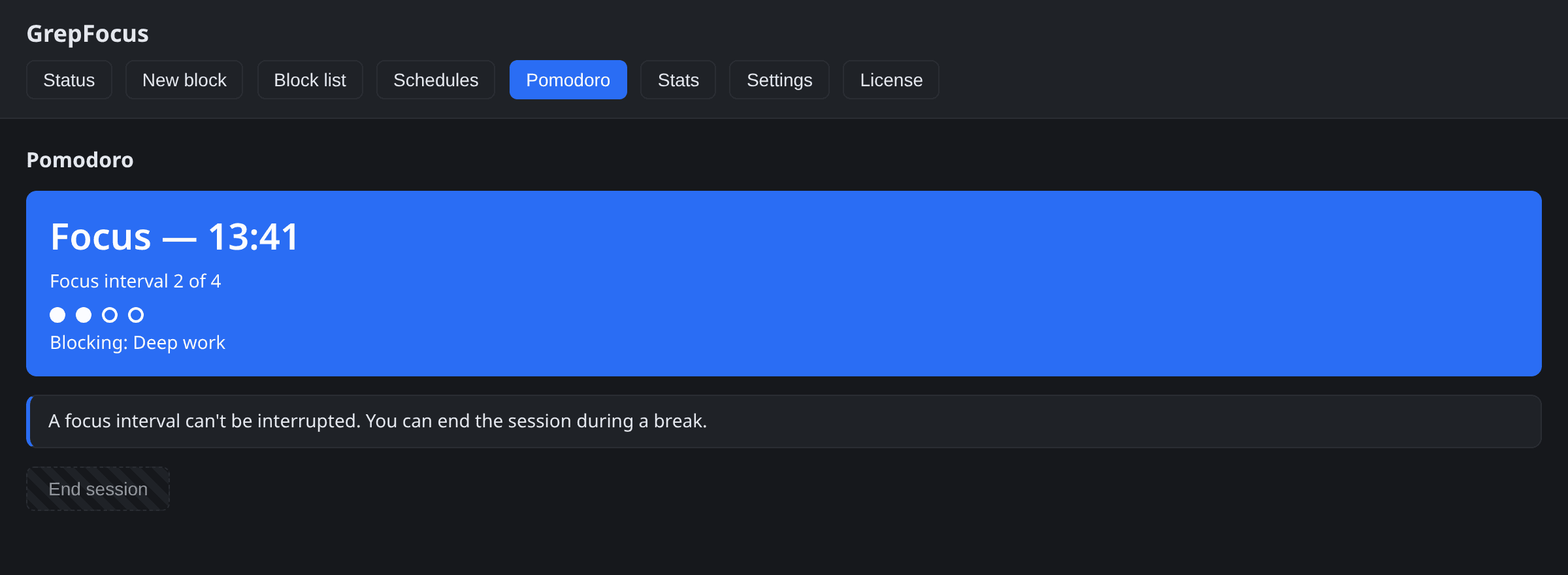 The Pomodoro screen with a running focus session on interval 2 of 4 and 13 minutes 41 seconds remaining
