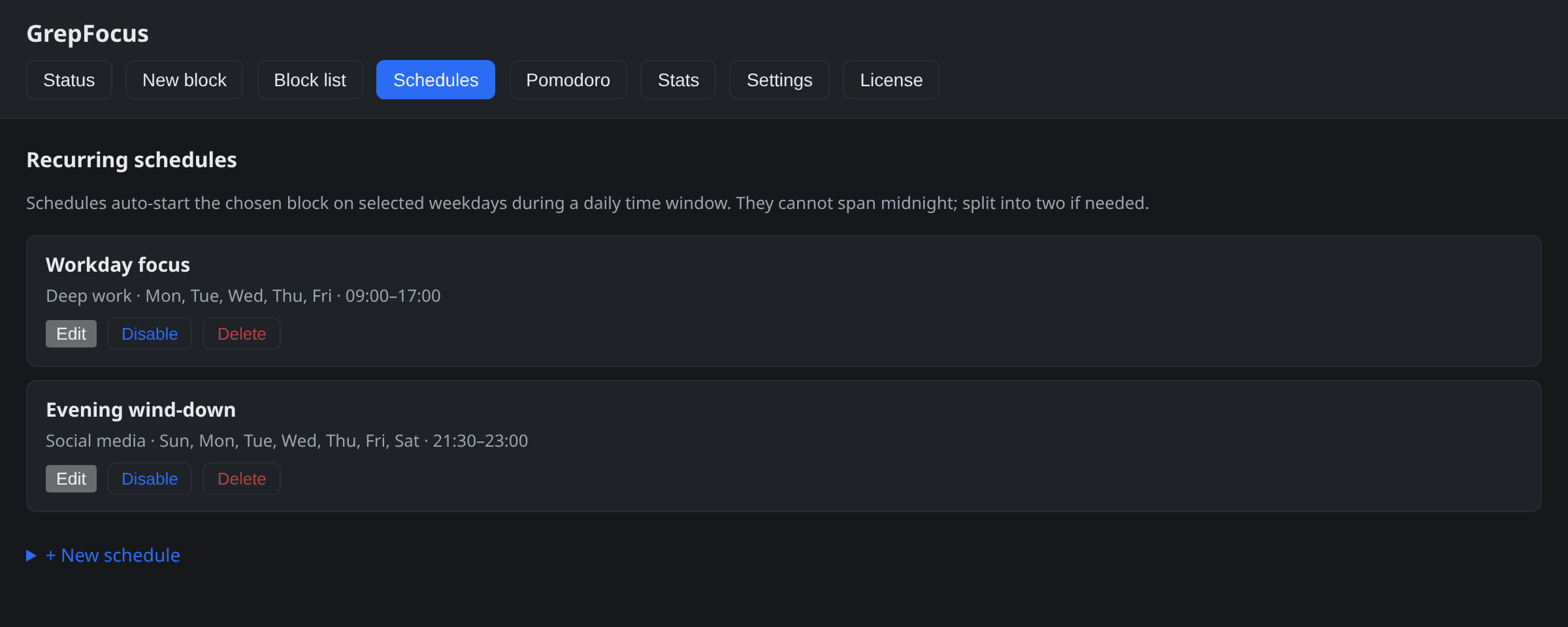 The Schedules screen with a Workday focus schedule for Monday to Friday, 09:00 to 17:00, and a daily Evening wind-down schedule from 21:30 to 23:00